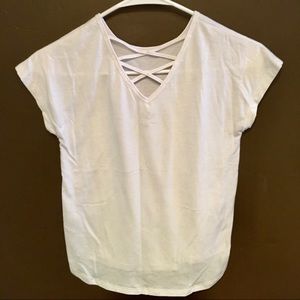 Youth white tee w/ cross strap back design